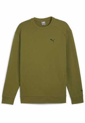 Oliwkowy sweter z bawełny, z okrągłym dekoltem, długimi rękawami raglanowymi oraz małym czarnym logo Puma na piersi.