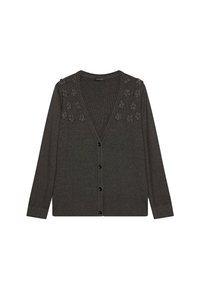 Cardigan grigio scuro realizzato in materiale morbido, con scollo a V, maniche lunghe e ricami floreali decorativi sulle spalle. Chiusura con cinque bottoni.