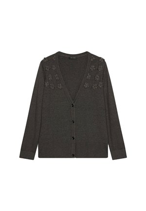 Cardigan grigio scuro realizzato in materiale morbido, con scollo a V, maniche lunghe e ricami floreali decorativi sulle spalle. Chiusura con cinque bottoni.