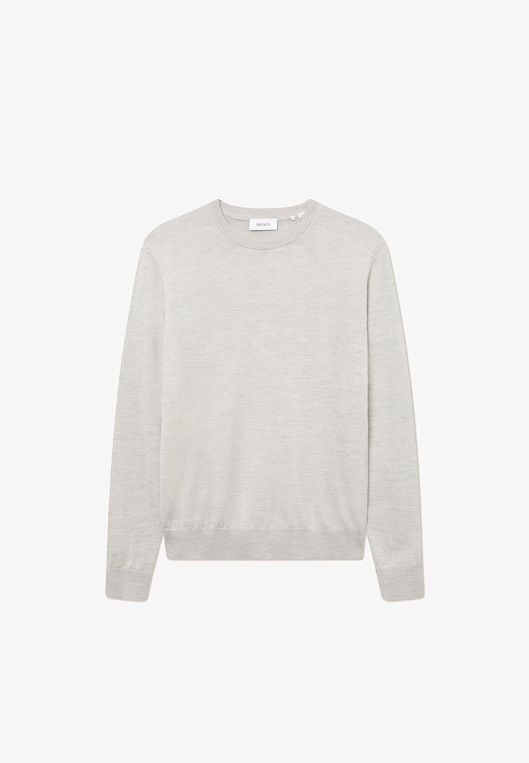 Light gray long-sleeve crew neck sweater with ribbed cuffs and hem, labeled "LES DEUX" inside the collar.