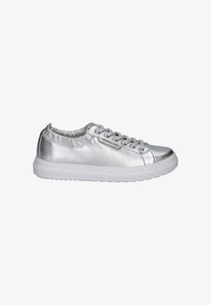 Low-top silver metallic sneaker with elastic collar, lace-up front, and thick white rubber sole with embossed logo.