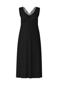 Abito da notte nero con scollo a V e bordo in pizzo, design senza maniche, tessuto fluido e silhouette al ginocchio. Tessuto liscio in tutto l'abito.