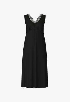 Black sleep dress with a V-neck and lace trim, sleeveless design, flowing fabric, and a knee-length silhouette. Smooth texture throughout.