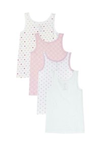 Cztery topy w bawełnianym składzie. Cecha to pastelowe kolory: biały z małymi sercami, różowy w kropki oraz jeden jednolity biały.
