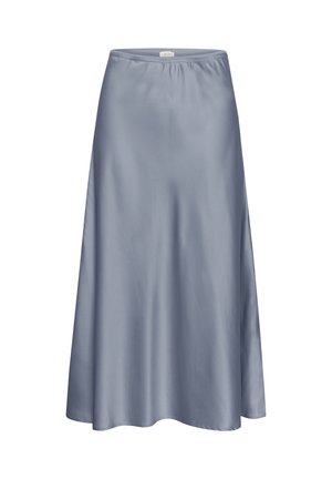 Jupe midi en satin bleu clair avec une texture lisse, une taille élastique et une forme évasée, arborant un design épuré et minimaliste.
