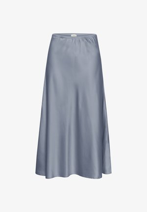 Hele sinine satiinist midi seelik sujuva tekstuuri, elastse vöökoha ja laieneva kujuga, millel on puhas ja minimalistlik disain.
