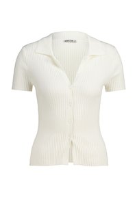 White ribbed knit short-sleeve cardigan with a button-up front and a classic collar. Soft texture with a fitted silhouette.