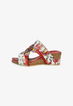 Sandale compensée avec semelle en liège, imprimé floral, lanières rouges et ornement de fleur multicolore décorative sur la lanière supérieure.