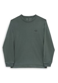 Langärmliges, dunkelgrünes Rundhalsoberteil mit kleinem Vans-Logo-Patch auf der linken Brust, gerippten Bündchen und geradem Saum.