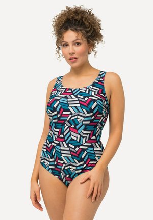 Eén stuk badpak met een blauw, roze en witte geometrische print. Beschikt over brede bandjes, een vierkante halslijn en een zachte textuur.
