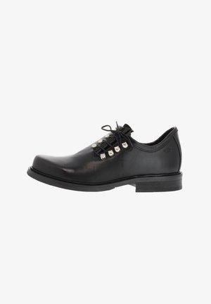 Black leather dress shoe with lace-up closure and silver eyelets, featuring a low heel and smooth finish.