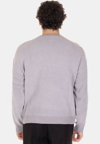 Maglione grigio chiaro con orlo e polsini a coste, caratterizzato da una texture morbida e un design classico con scollo tondo. La vista posteriore mostra dettagli minimi.