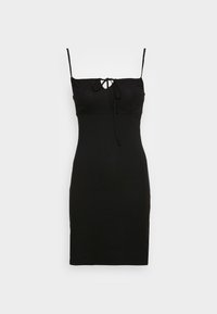 Vestido preto, sem mangas, com um design ajustado, apresentando um detalhe de nó na gola e uma textura suave. Comprimento até a metade da coxa.