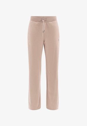 Bežiniai fizinio pasiruošimo kelniai su raišteliu juosmenyje, plačiomis kojomis ir švelnia tekstūra. Yra mažas logotipo akcentas šone.