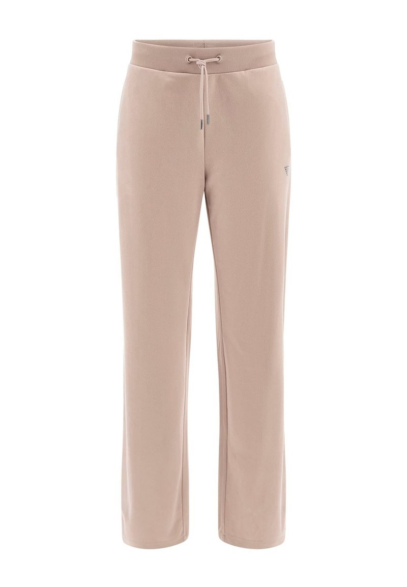 Bežiniai fizinio pasiruošimo kelniai su raišteliu juosmenyje, plačiomis kojomis ir švelnia tekstūra. Yra mažas logotipo akcentas šone.