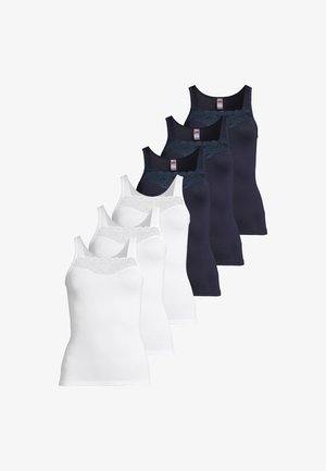 Ensemble de huit débardeurs pour femmes, quatre en blanc et quatre en bleu marine, chacun avec une bordure en dentelle le long de l'encolure.