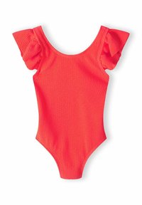Maillot de bain une pièce rose néon en tissu texturé, à encolure ronde et manches capes froncées. Il présente des ouvertures de jambe échancrées et une coupe ajustée.