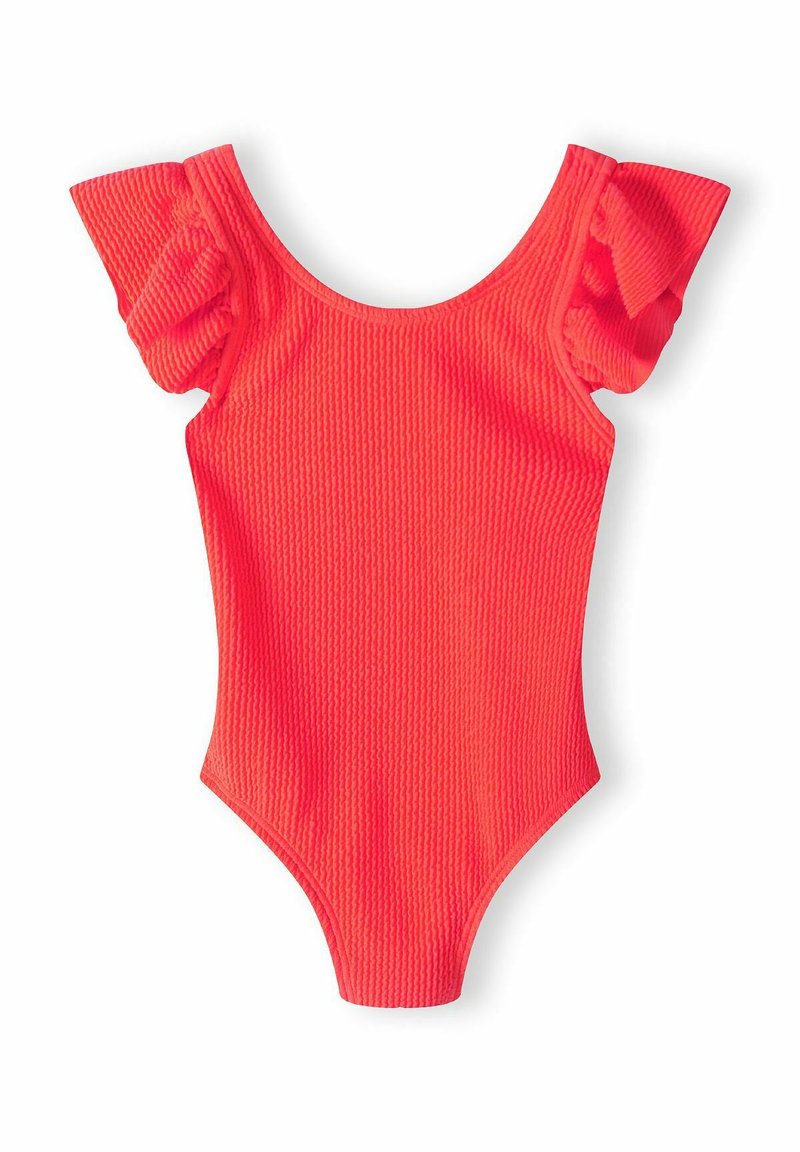 Maillot de bain une pièce rose néon en tissu texturé, à encolure ronde et manches capes froncées. Il présente des ouvertures de jambe échancrées et une coupe ajustée.