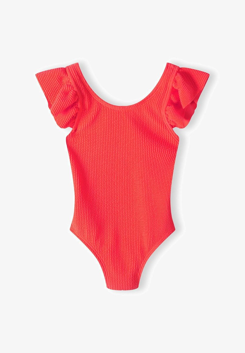 Maillot de bain une pièce rose néon en tissu texturé, à encolure ronde et manches capes froncées. Il présente des ouvertures de jambe échancrées et une coupe ajustée.