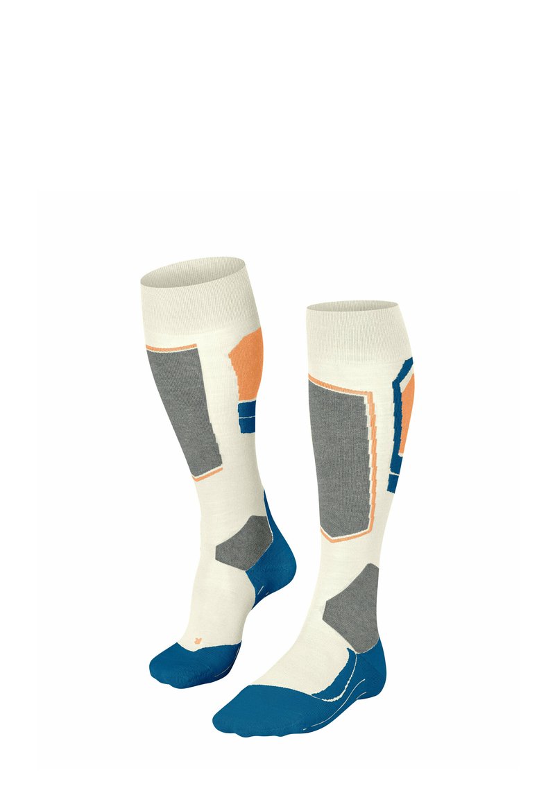 Kniehohe Socken in Creme, Grau, Blau und Orange mit geometrischen Mustern. Mit verstärkter Zehenpartie und Fußgewölbeunterstützung. Hergestellt aus weichem Strickmaterial.