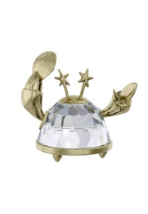 Gold-finished crab figurine with a faceted crystal shell, two star accents, and intricate claw details. Smooth texture and glossy finish.