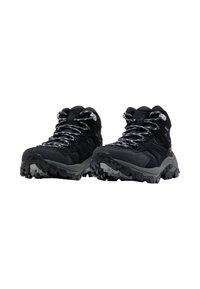 Black hiking boots with textured synthetic upper, metallic gray accents, padded collar, and aggressive rubber sole for traction.