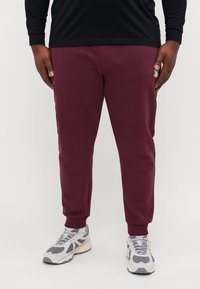 Pantalones deportivos burdeos con puños acanalados, hechos de una tela suave. Un pequeño logotipo es visible cerca del bolsillo. Se llevan con zapatillas grises.