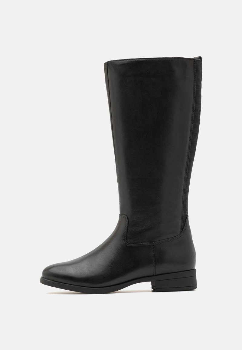 Black knee-high boots made of smooth leather. Features a rounded toe and a low, block heel. Side elastic panel for ease of wear.