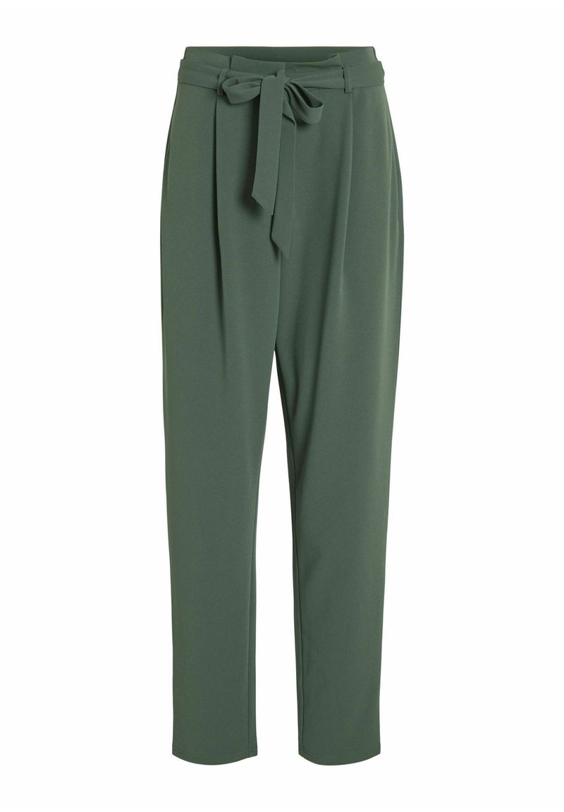 Groene broek van zacht materiaal, met een geknoopte tailleband, plooien aan de voorkant en taps toelopende pijpen. Gladde textuur en minimalist ontwerp.