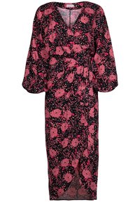 Svart blommig omlottklänning med rosa blommor, djup v-ringning, långa ärmar och en sidoklyvning. Lättviktsmaterial med en mjuk textur.