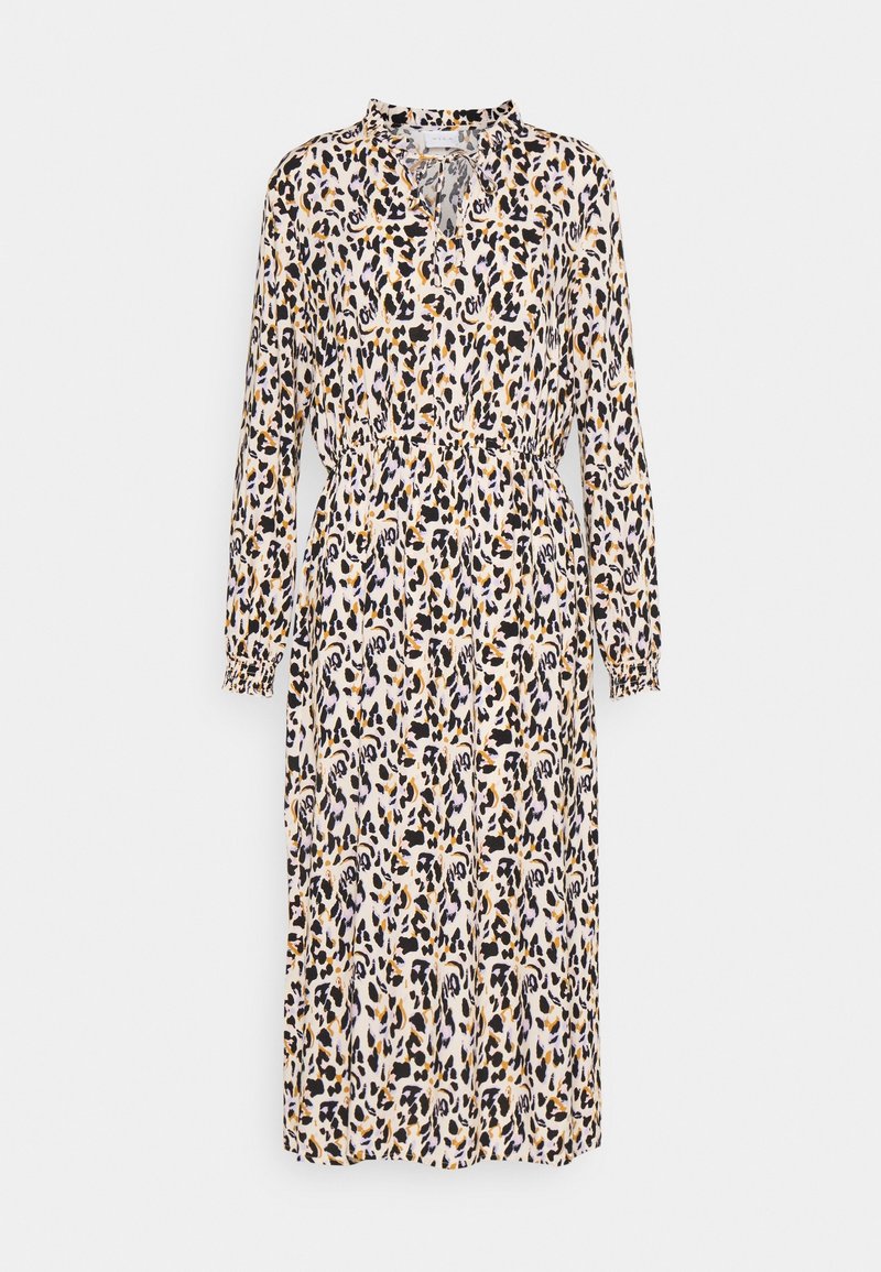 Robe midi à manches longues avec imprimé léopard beige, noir et marron, taille élastique et petit col en trou de serrure avec détail lien.