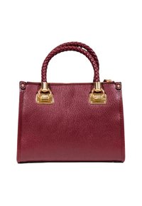 Borsa in pelle bordeaux con un design strutturato, manico intrecciato, hardware dorato e superficie testurizzata. Presenta due accenti metallici.