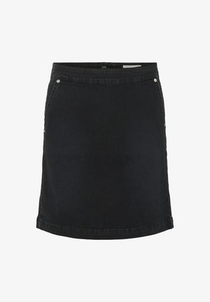 Black denim mini skirt with side pockets, silver rivets, and a waistband with a back zipper closure.