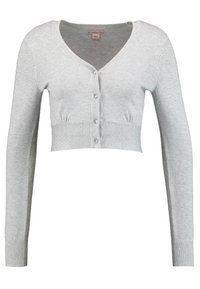 Light gray cropped cardigan with long sleeves, V-neck, and five button closure. Soft knit material with ribbed detailing at the hem and cuffs.