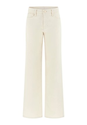 Jeans crema a gamba larga con vita alta, passanti per cintura, tasche frontali e chiusura con bottone. Realizzati in tessuto denim strutturato.