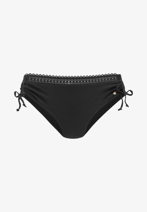 Schwarzer Bikini-Unterteil mit einem strukturierten Spitzenbesatz am Bund, seitlichen Bindebändern und gerafftem Stoffdetail für eine enganliegende Passform.