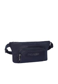 Navy blue fabric belt bag with textured surface, one main compartment and a front zip pocket, adjustable strap, and tonal logo detailing.