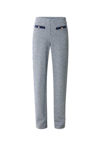 Gecontroleerde broek met een getailleerd ontwerp, gemaakt van een gestructureerde stof in blauw en wit. Heeft twee voorzakken met marineblauwe accenten en knopen.