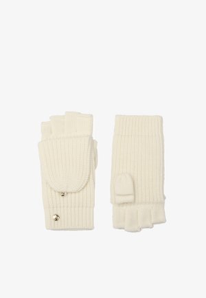 Guantes sin dedos de punto crema con una solapa plegable y un herraje decorativo en plata. Presentan una textura acanalada y un ajuste ceñido.