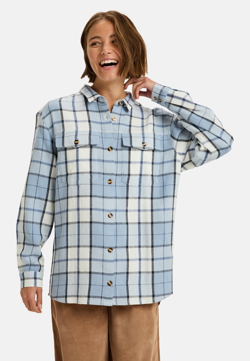 Camisa de franela en azul claro y blanco con patrón de cuadros negros, que presenta dos bolsillos en el pecho y botones dorados, diseñada con un corte relajado.