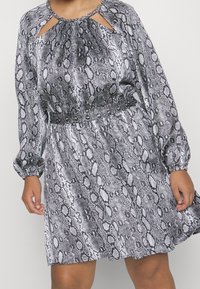 Robe à imprimé serpent gris et blanc avec des manches longues, un col en trou de serrure, une taille élastiquée et des détails froncés aux poignets.