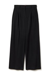 Zwarte wijde pijpen broek met een geplooide voorkant, zachte stof en een platte tailleband. Geen zichtbare zakken of versieringen.