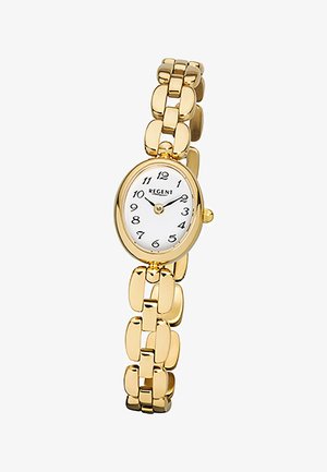 Montre bracelet chaîne en or avec cadran ovale blanc, chiffres arabes noirs, et aiguilles des heures et des minutes noires indiquant 10h10.