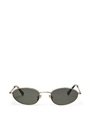 Lunettes de soleil à verres foncés en forme ovale, monture fine en métal doré et embouts de branches noirs, présentées sur fond blanc.