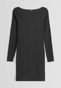 Robe en maille côtelée gris foncé à manches longues avec un col bateau, présentée à plat sur un fond clair.