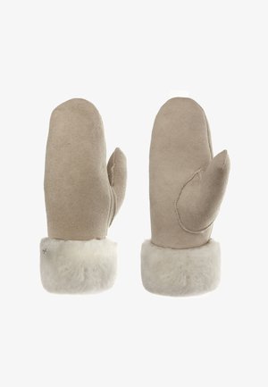 Beige Wildlederhandschuhe mit einem weißen Fellbund. Die Handschuhe haben eine flache Oberfläche und eine runde Form mit einem separaten Daumenbereich.