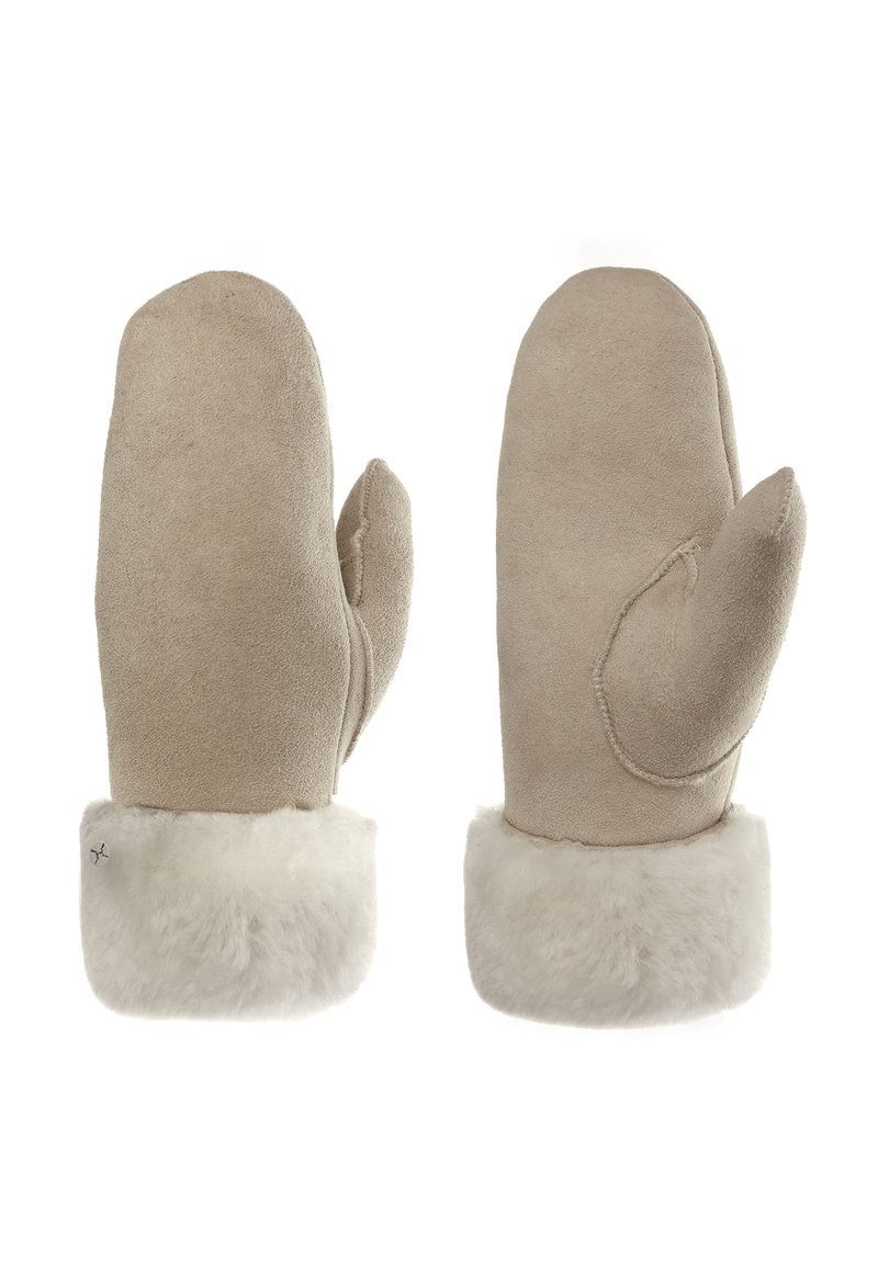Beige Wildlederhandschuhe mit einem weißen Fellbund. Die Handschuhe haben eine flache Oberfläche und eine runde Form mit einem separaten Daumenbereich.
