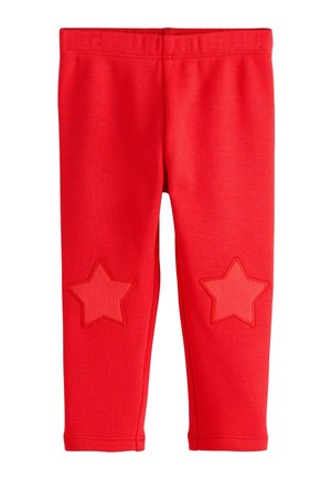 Rote Kleinkind-Leggings mit elastischem Bund und sternförmigen Aufnähern auf den Knien.