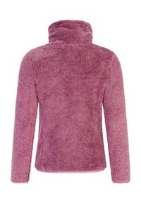 Ružová umelá kožušina s vysokým golierom, dlhými rukávmi, mäkkou textúrou a priamym siluetou, bez vzorov alebo akcentov.