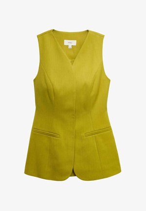Yellow-green sleeveless tailored vest with a V-neckline and two horizontal slit pockets, labeled M&S, displayed on a white background.